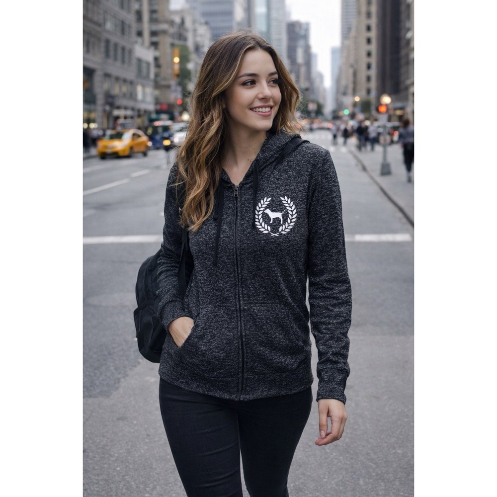 PINK‎ Victoria's Secret Women Heathered Black Small Dog Logo Light Hoodie Jacket